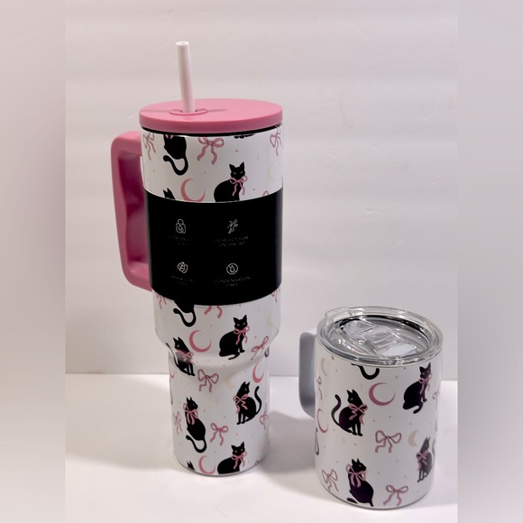 Steve Madden Pink and Black Cat Print Tumbler and Mug Set - Picture 2 of 7